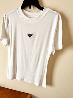 Prada White Short Sleeve Crewneck Tee with Metal Triangle Logo one size